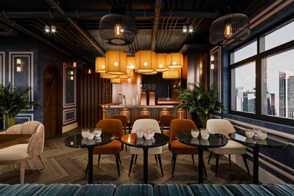 Mahbod Group Modern restaurant interior with round tables, mixed brown and white chairs, decorative lighting, plants, and large windows overlooking a cityscape—an inviting space reflecting top hospitality brands.